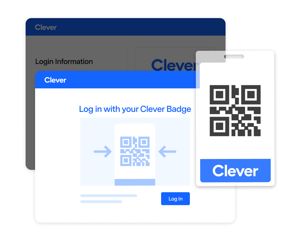 Illustration of the Clever Badge login process: scanning a QR code via webcam to access the school portal