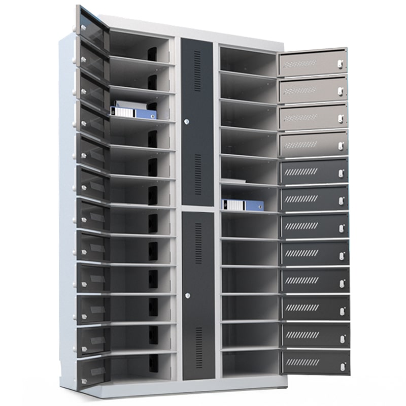 Internal view of Parotec charging trolley showing organised cable management and device storage slots